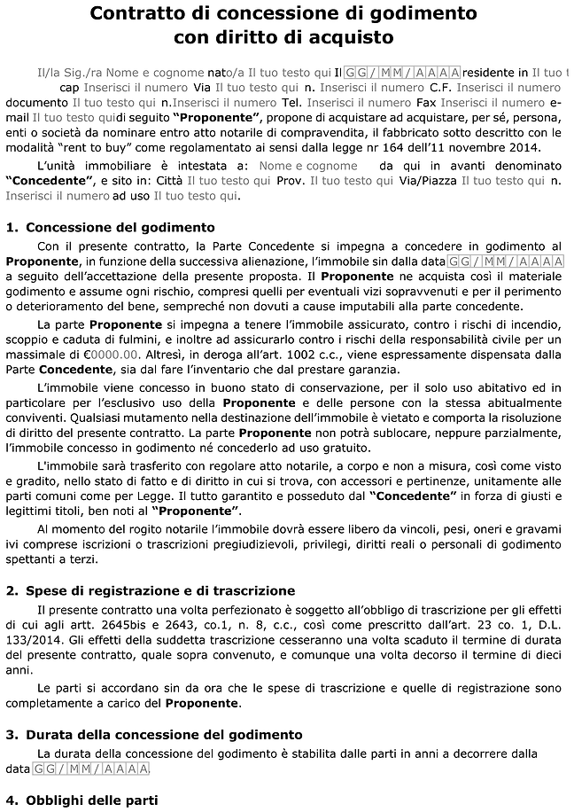 Modulo contratto di rent to buy