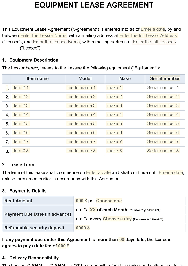 Equipment lease agreement