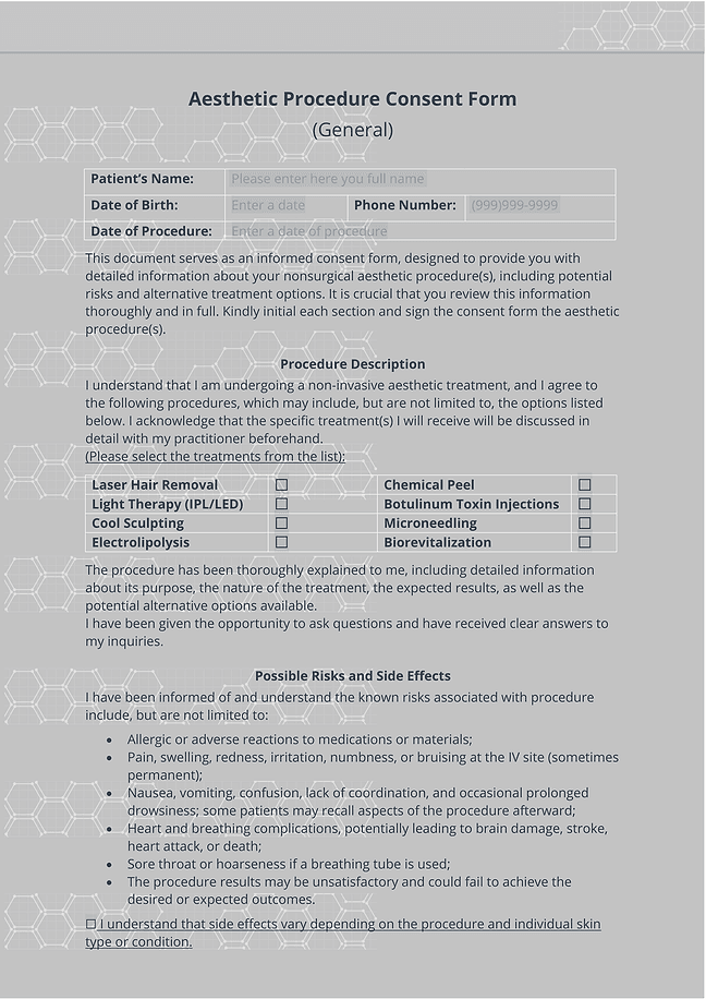 Aesthetic procedure consent form