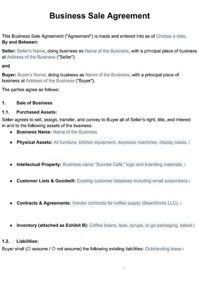 Business sale agreement