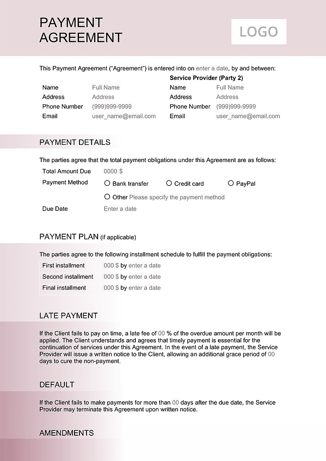 Payment agreement form