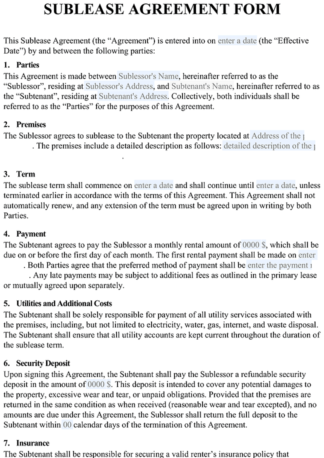 Sublease agreement form