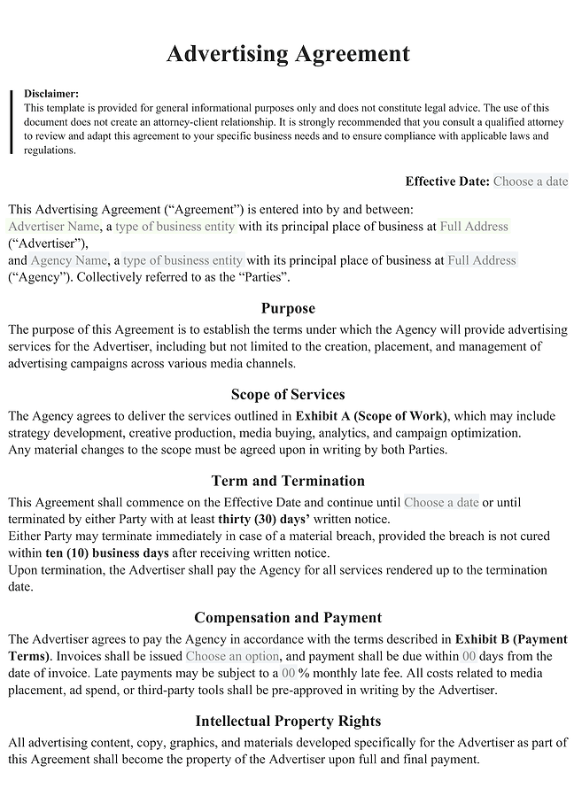 Advertising agreement (US)