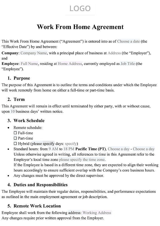 Work from home agreement