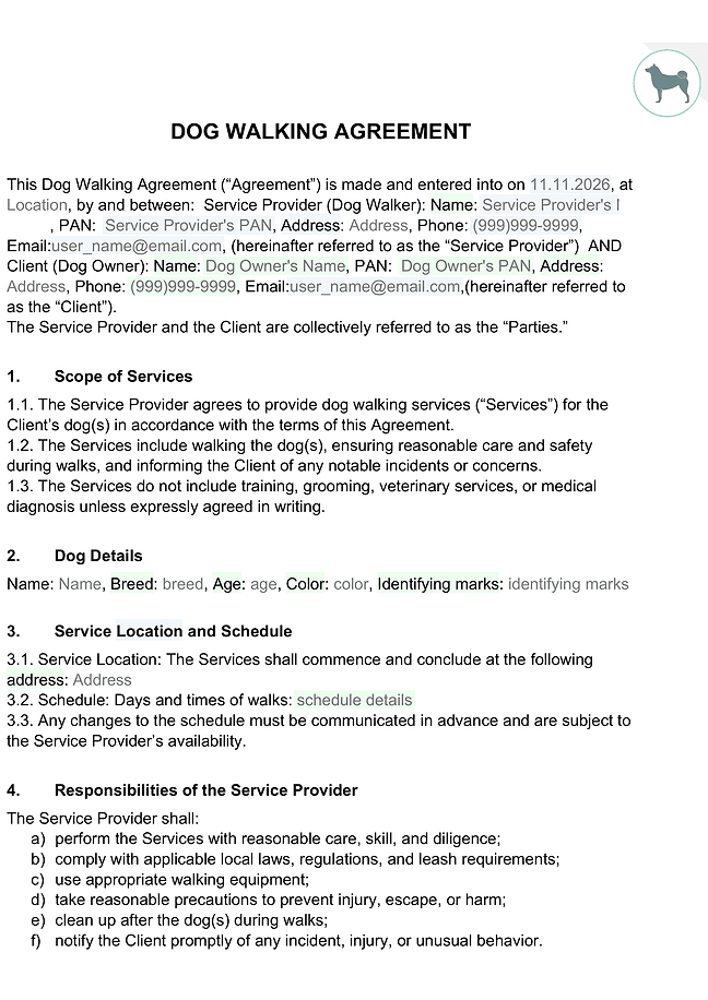 Dog walking agreement (detailed)
