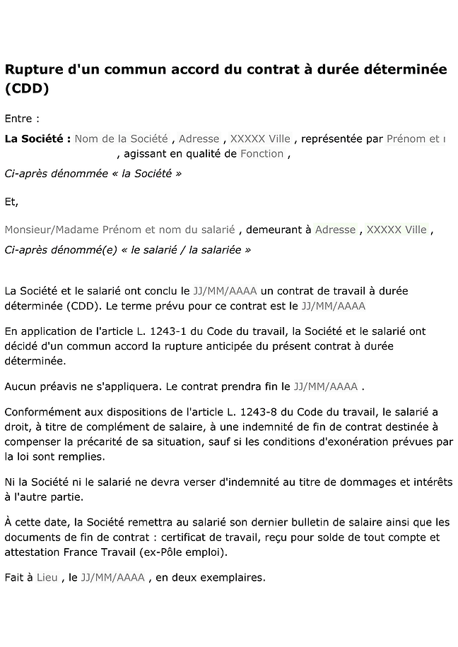 Convention de rupture anticipée de CDD
