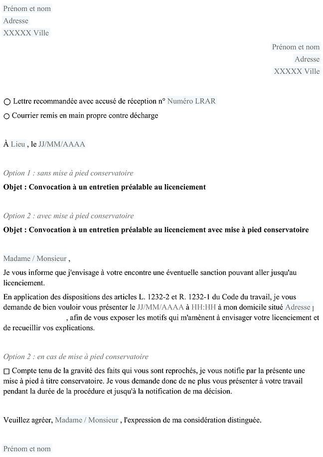 Convocation à un entretien préalable au licenciement