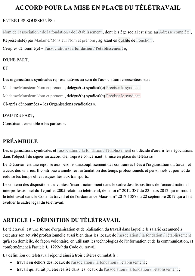 Accord pour la mise en place du télétravail