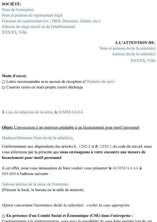 Convocation à un entretien préalable au licenciement pour motif personnel