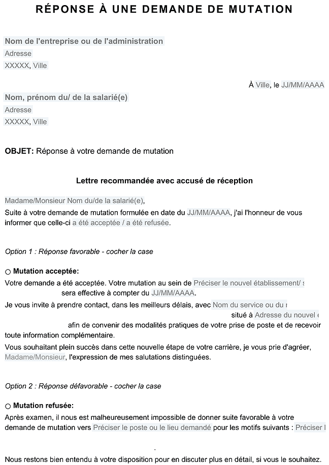 Réponse à une demande de mutation professionnelle