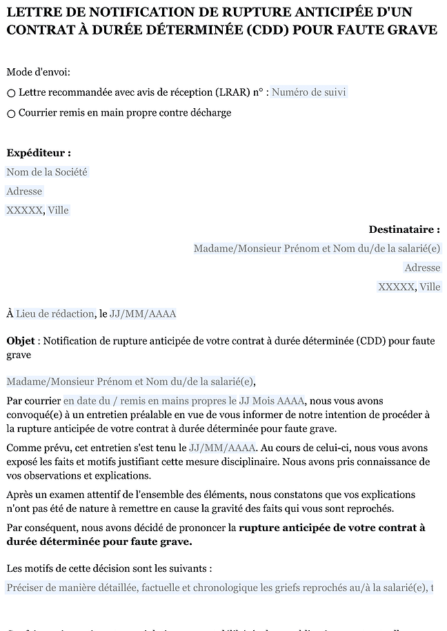 Lettre de rupture d'un CDD pour faute grave