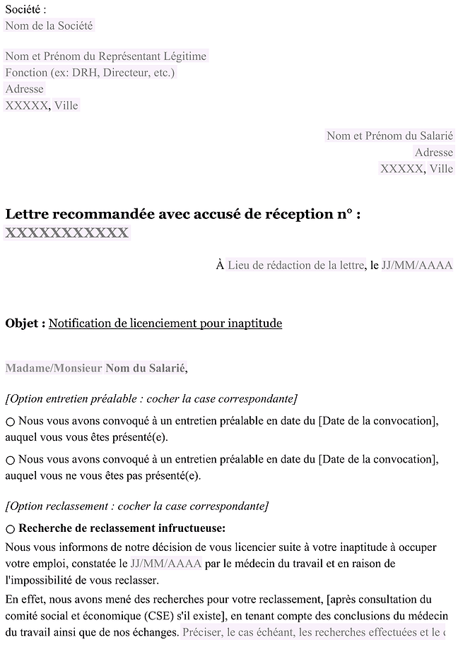 Lettre de licenciement pour inaptitude