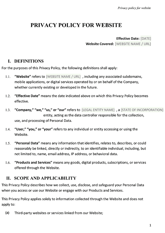 Privacy policy for website