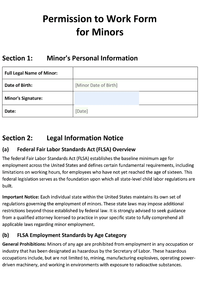 Permission to work form for minors