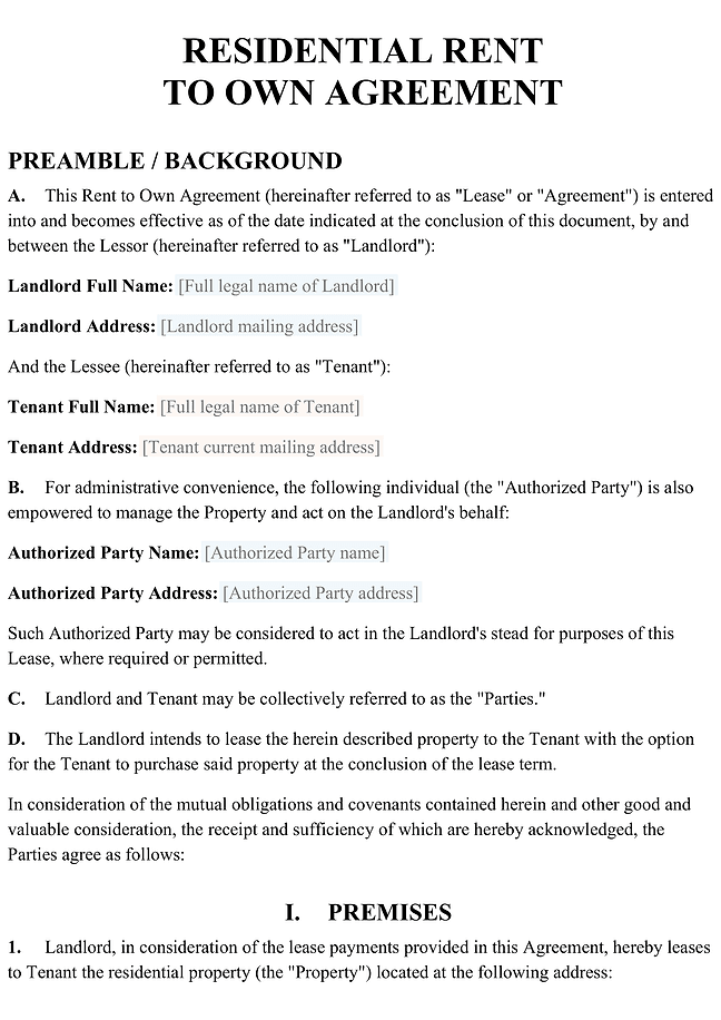 Residential rent to own agreement