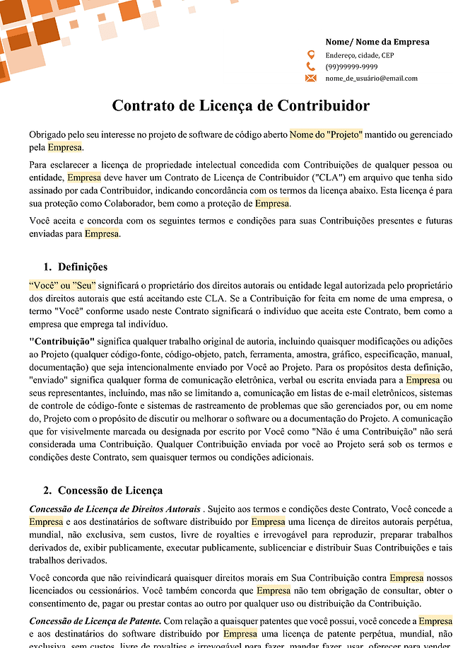 Formulário do contrato de licença do contribuinte (CLA) 1