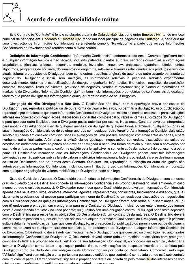 Formulário de acordo de não divulgação (confidencialidade mútua)