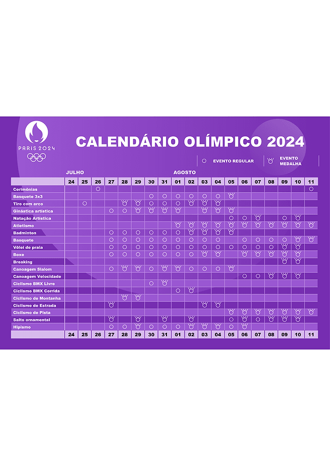 Calendário Olímpico de Paris 2024 (violeta)