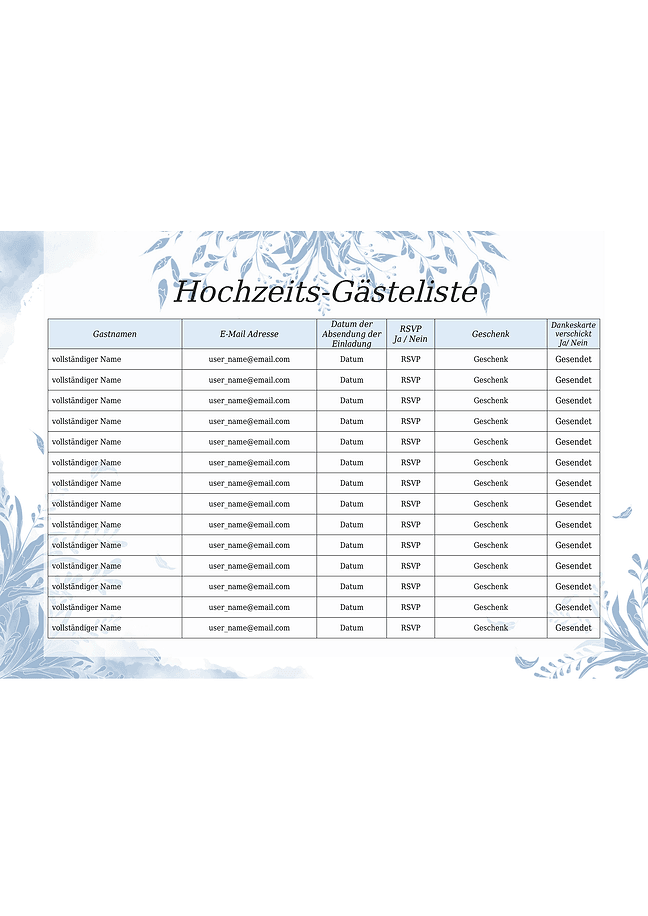 Gästeliste zur Hochzeit (blau)