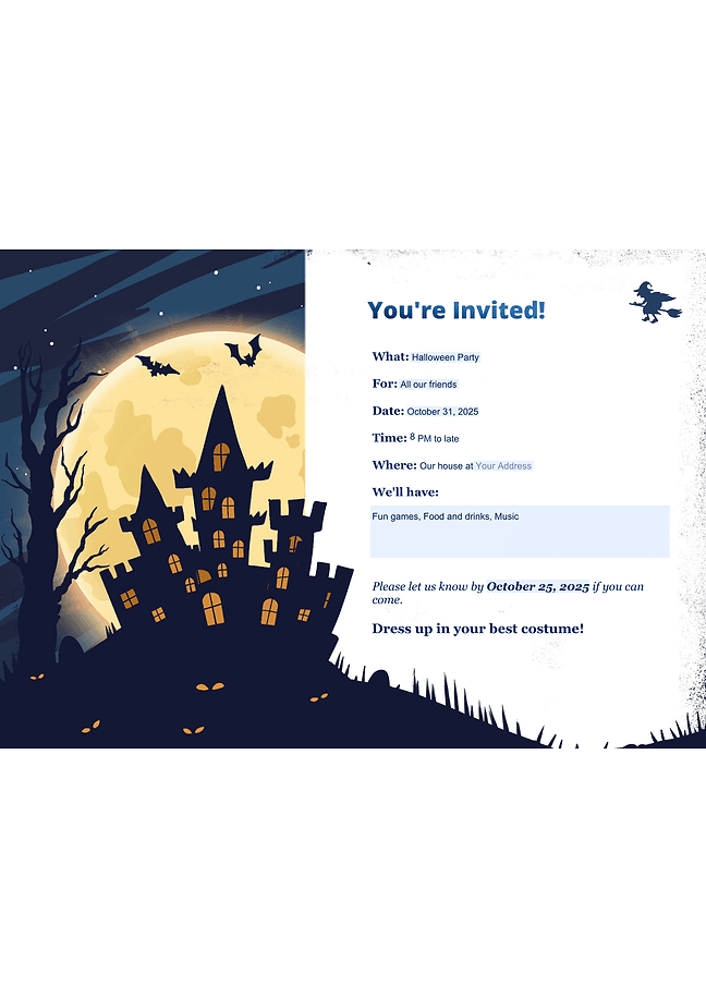 Halloween party invitation (castle-moon)