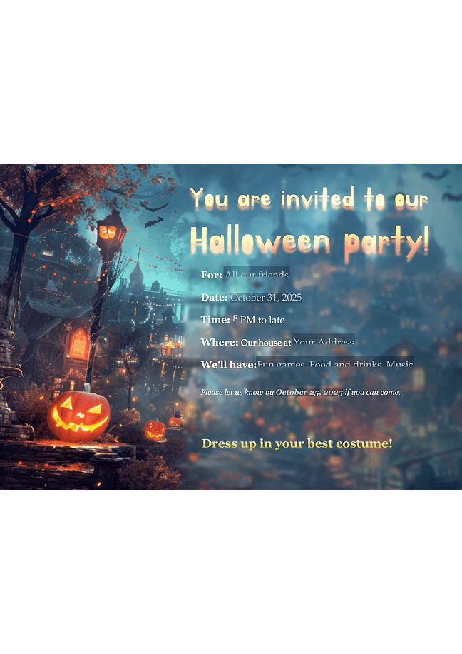 Halloween party invitation (city-lights)