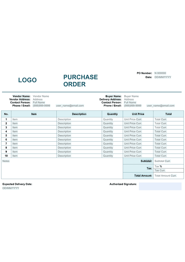 Basic purchase order (horizontal)