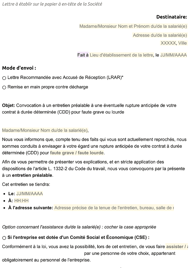 Convocation à un entretien préalable à une rupture de CDD pour faute grave ou lourde