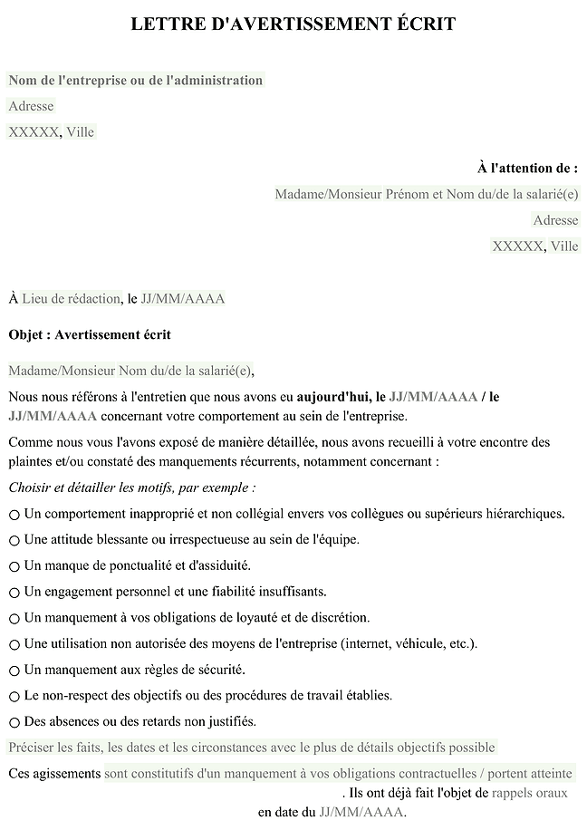 Lettre d'avertissement écrit