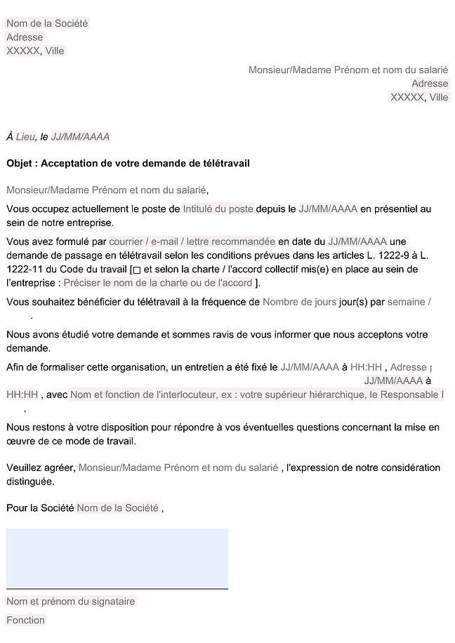 Réponse de l'employeur à une demande de télétravail (acceptation)