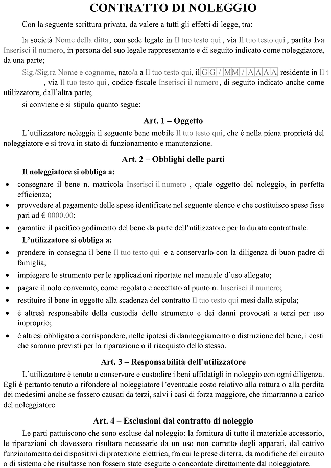 Modulo contratto di noleggio