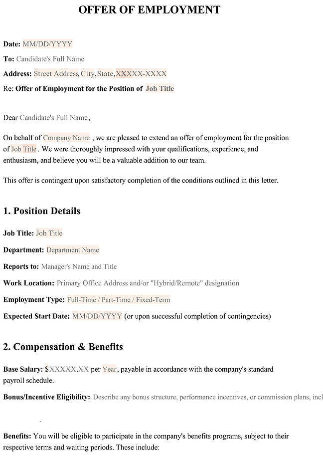 Offer of employment letter