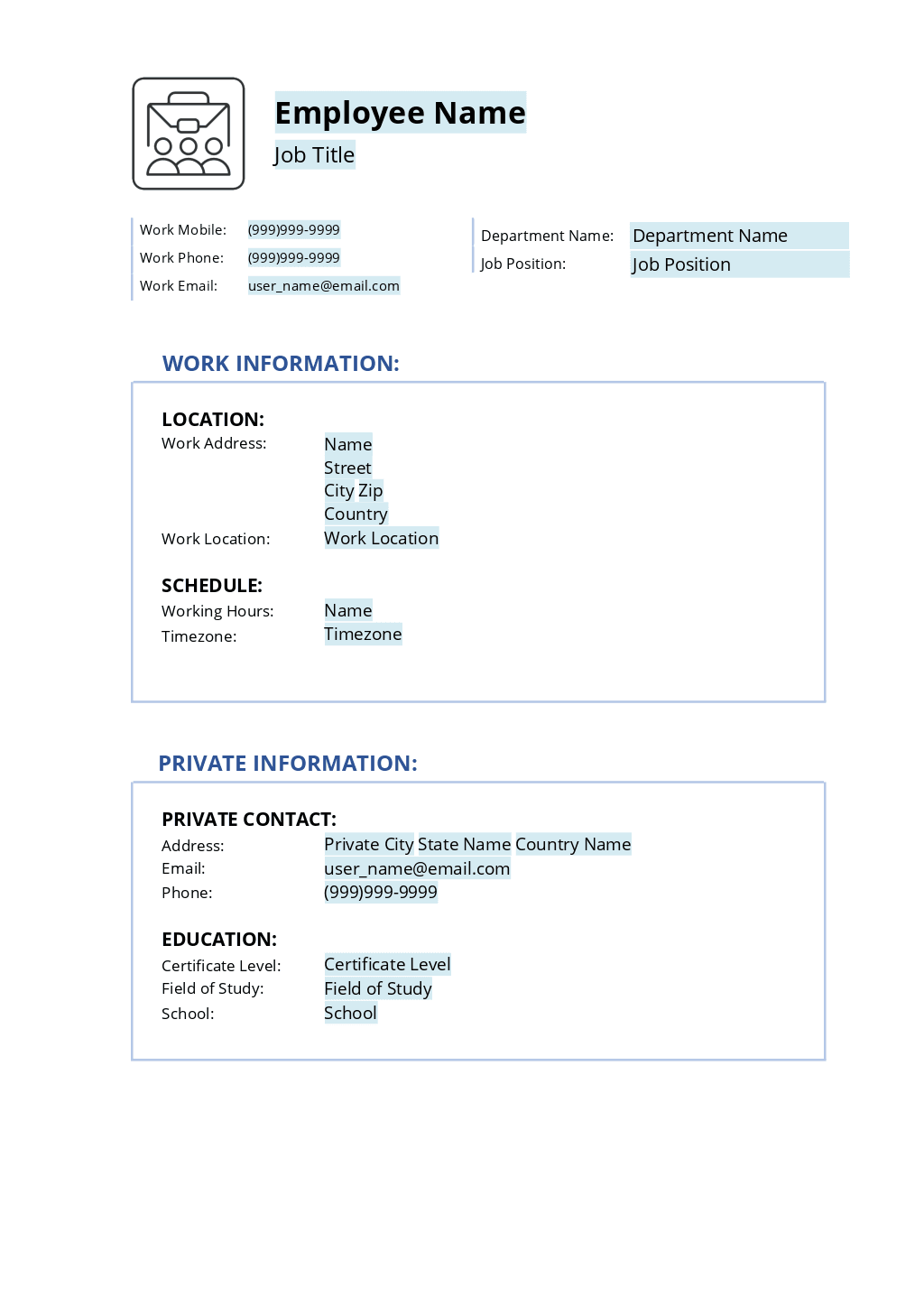 Employee template for Odoo