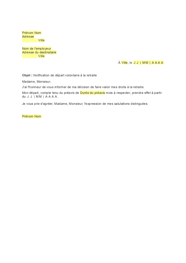 Formulaire lettre de départ retraite