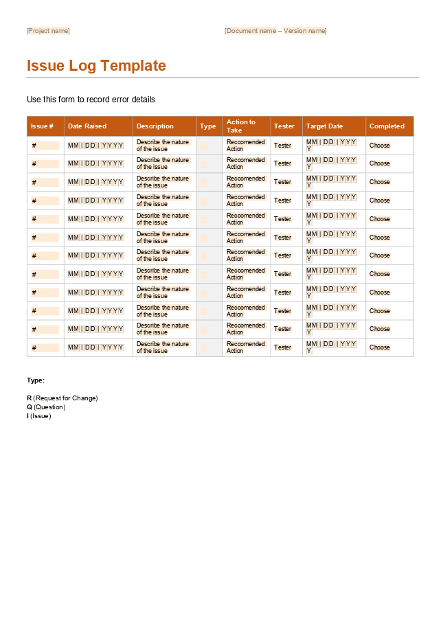 Issue log form