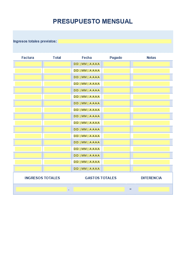 Formulario presupuesto mensual