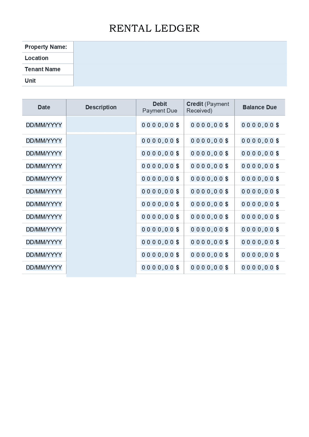 Rent ledger form