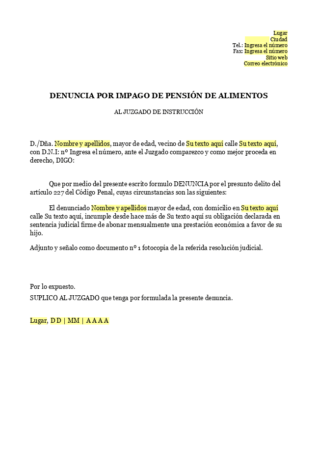 Formulario Denuncia por impago de pension de alimentos
