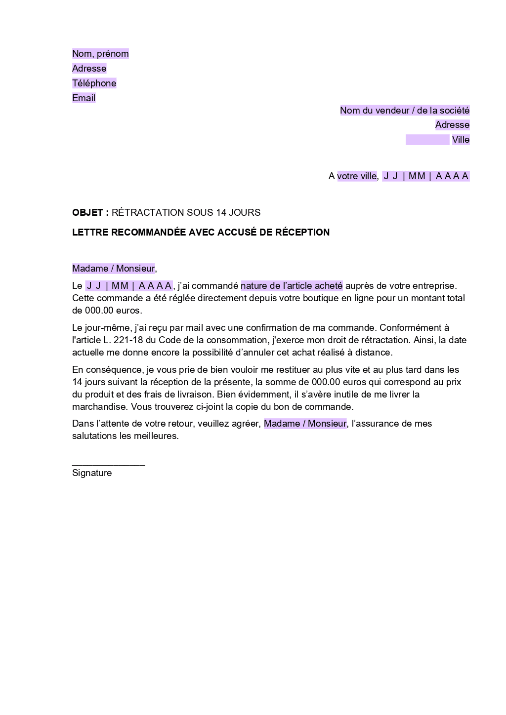 Mod le Lettre De R tractation ONLYOFFICE