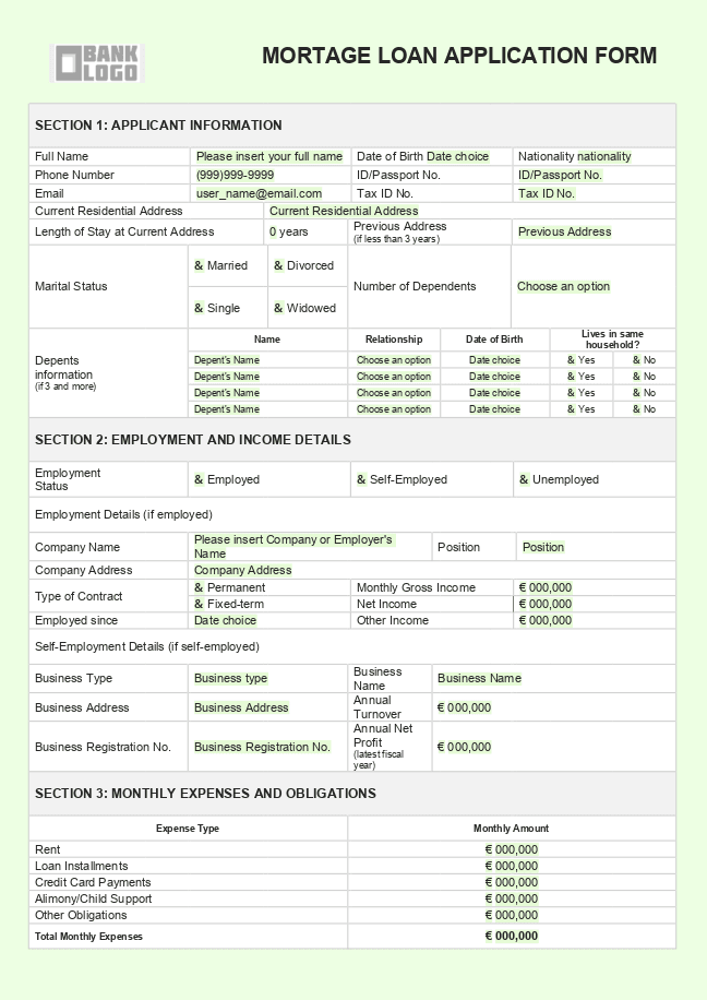Mortgage Loan Application Form