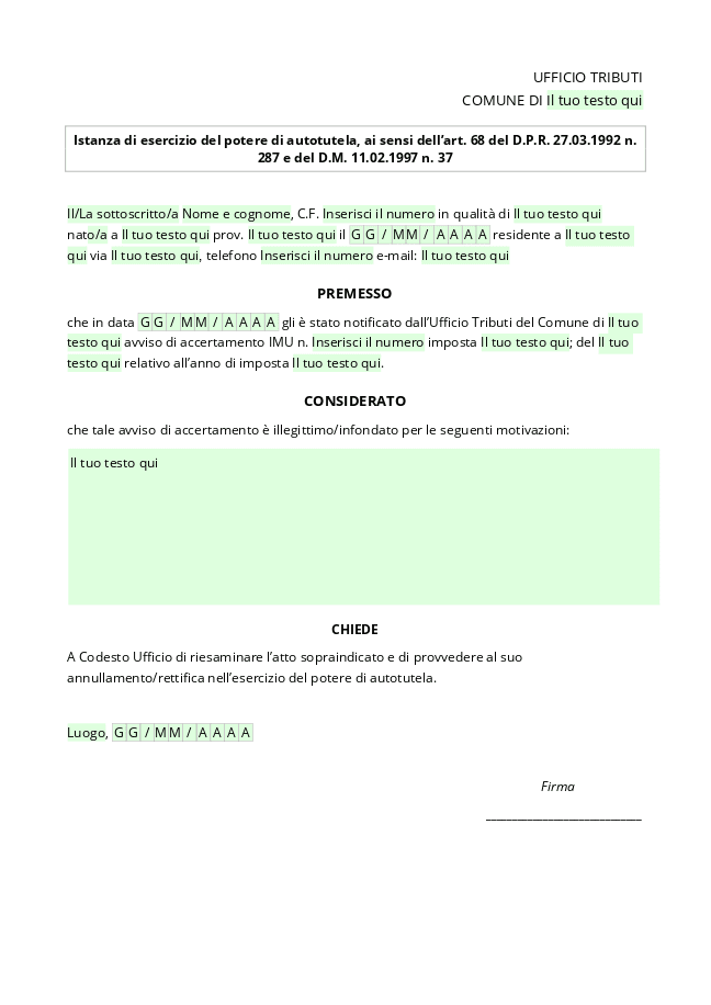 Modulo Istanza di annullamento in autotutela