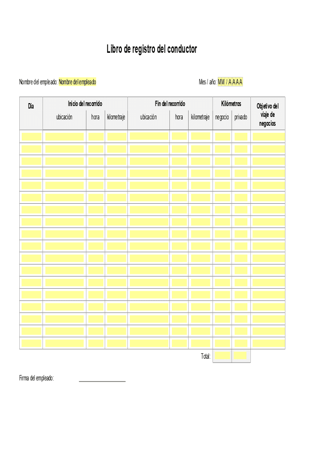 Formulario libro de registro del conductor