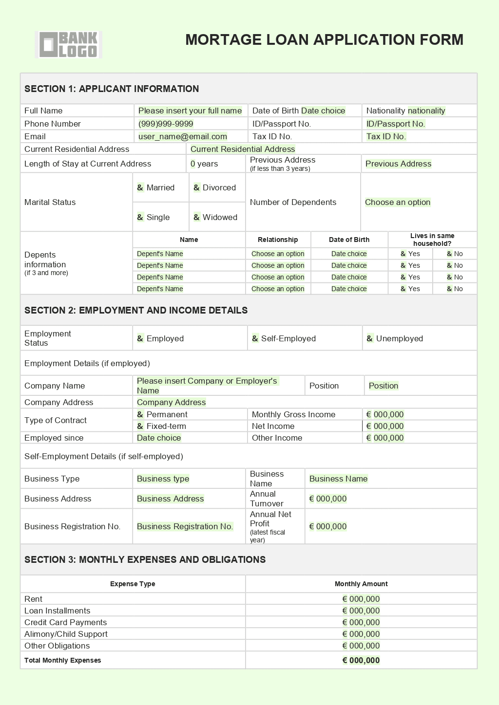 Mortgage Loan Application Form