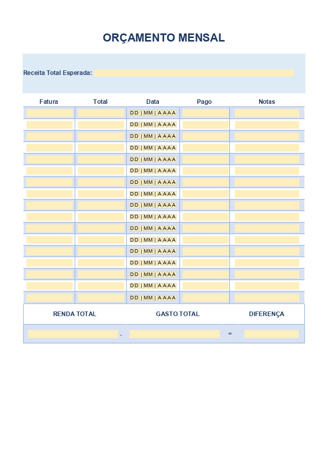 Formulário de orçamento mensal