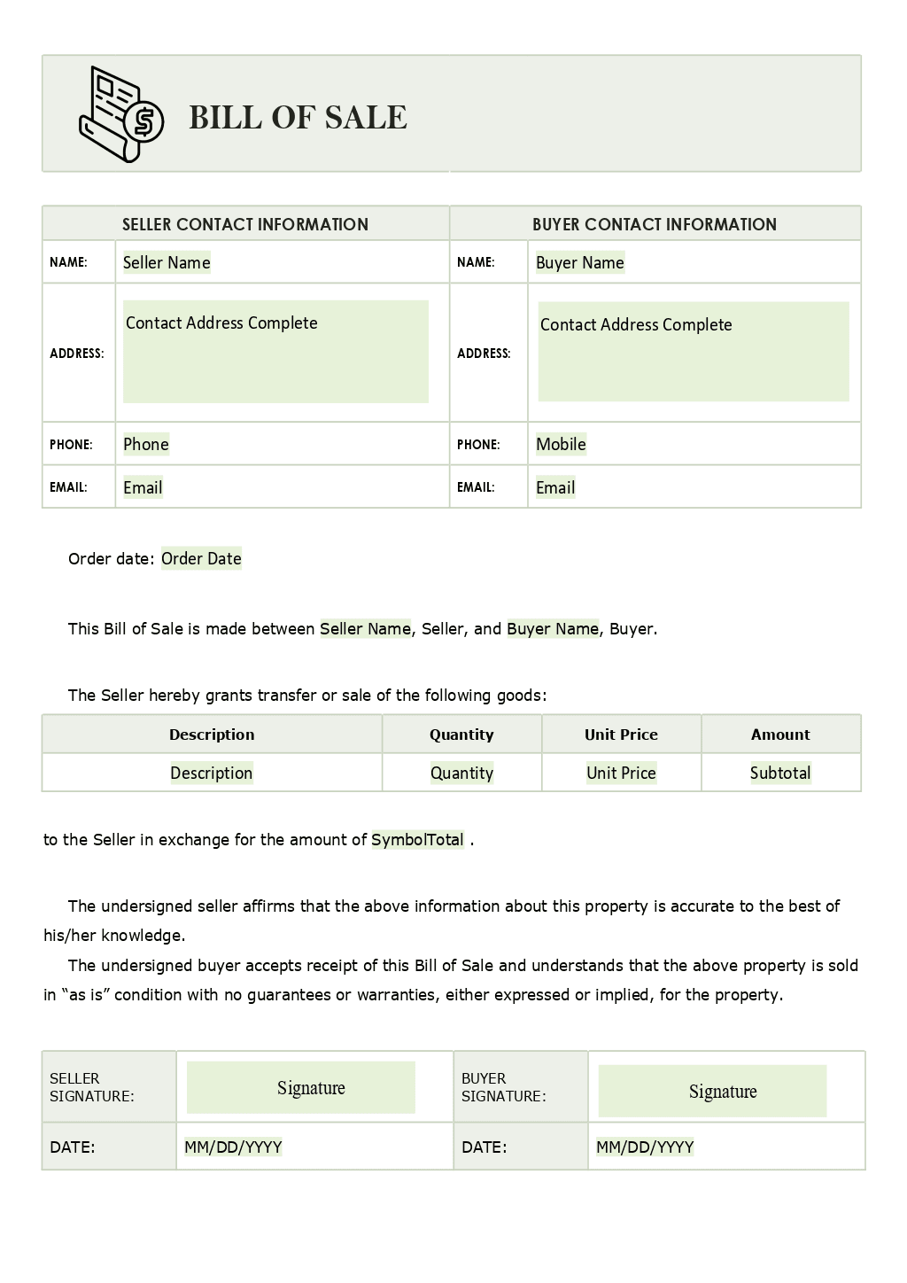 Bill of sale form