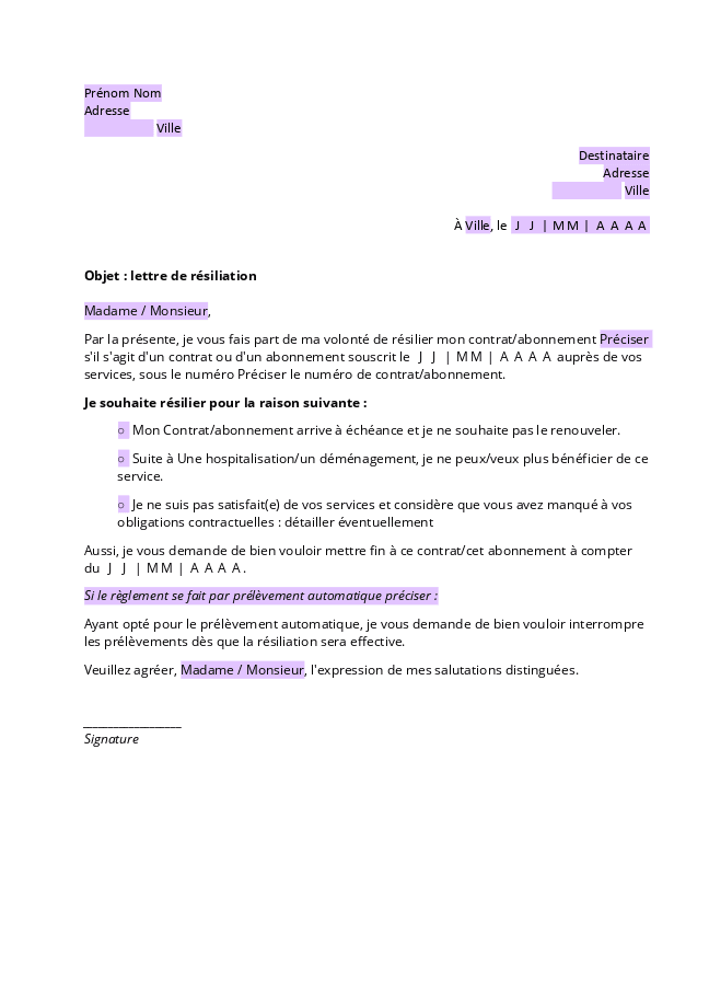 Formulaire lettre de résiliation d'un abonnement