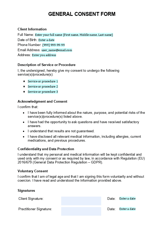 General data processing consent form (GDPR)