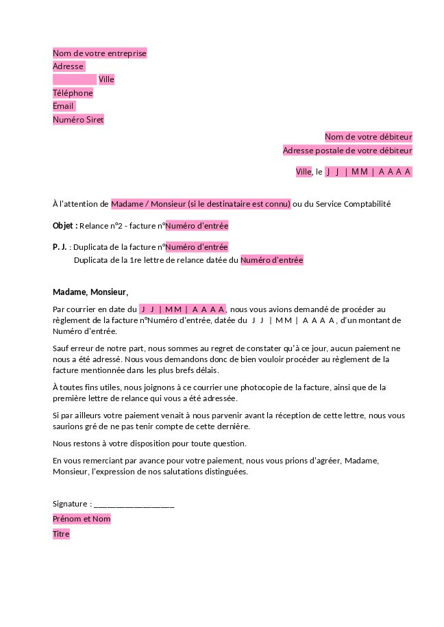 Formulaire relance pour une facture impayée