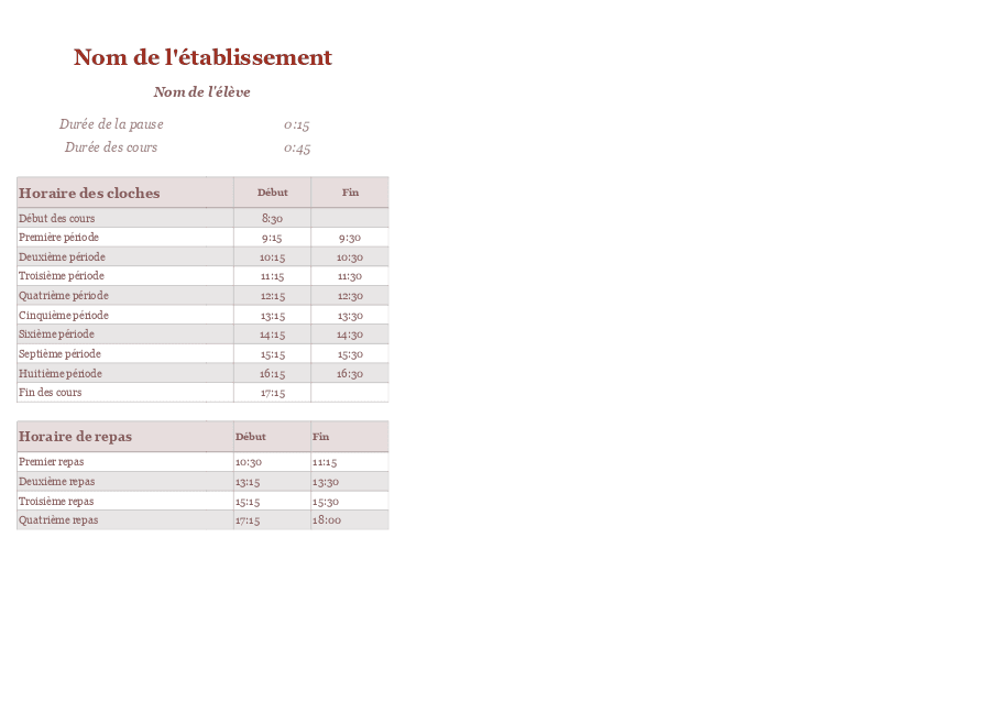 Horaire des cours