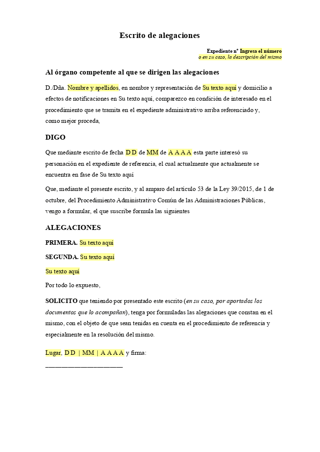Formulario escrito de alegaciones