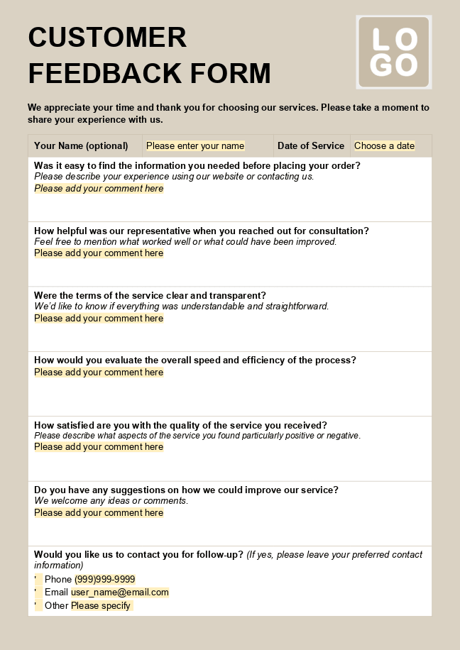 Customer feedback form (beige)